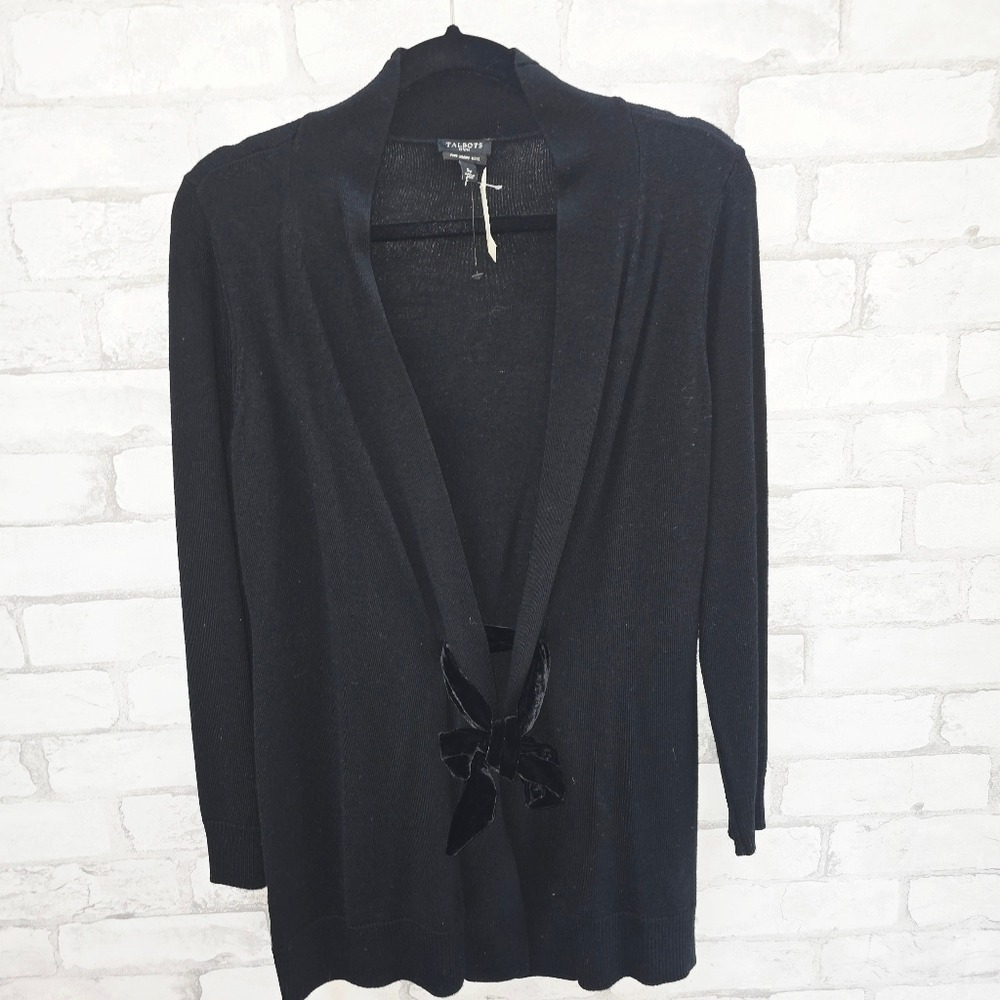 NWT Talbots Petites Black 100% Merino Wool Velvet Tie Wrap Cardigan Sweater PS